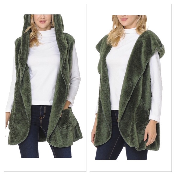 Boutique Jackets & Blazers - Forest Green Faux Fur Hoodie Vest